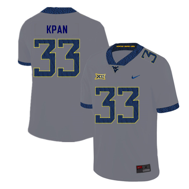 NCAA Men's T.J. Kpan West Virginia Mountaineers Gray #33 Nike Stitched Football College 2019 Authentic Jersey EW23T84NS